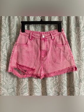 Mustard Seed Pink High-Rise Distressed Denim Shorts